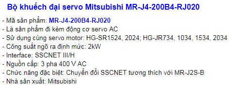 SERVO MITSUBISHI DÒNG MR-J4-200B4-RJ020