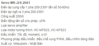 SERVO MITSUBISHI DÒNG MR-J2S-20A1 